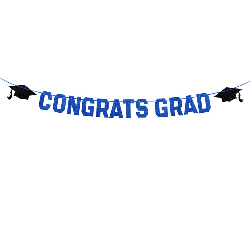 Gexolenu Blue Class of 2025 Graduation Theme Party Decoration Banner, Congrats Grad, Black Glitter Graduation, 2025 Black Congratulations Grad Party Decorations - Image 1